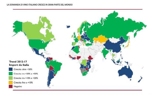意大利葡萄酒全球各地销量增幅表现